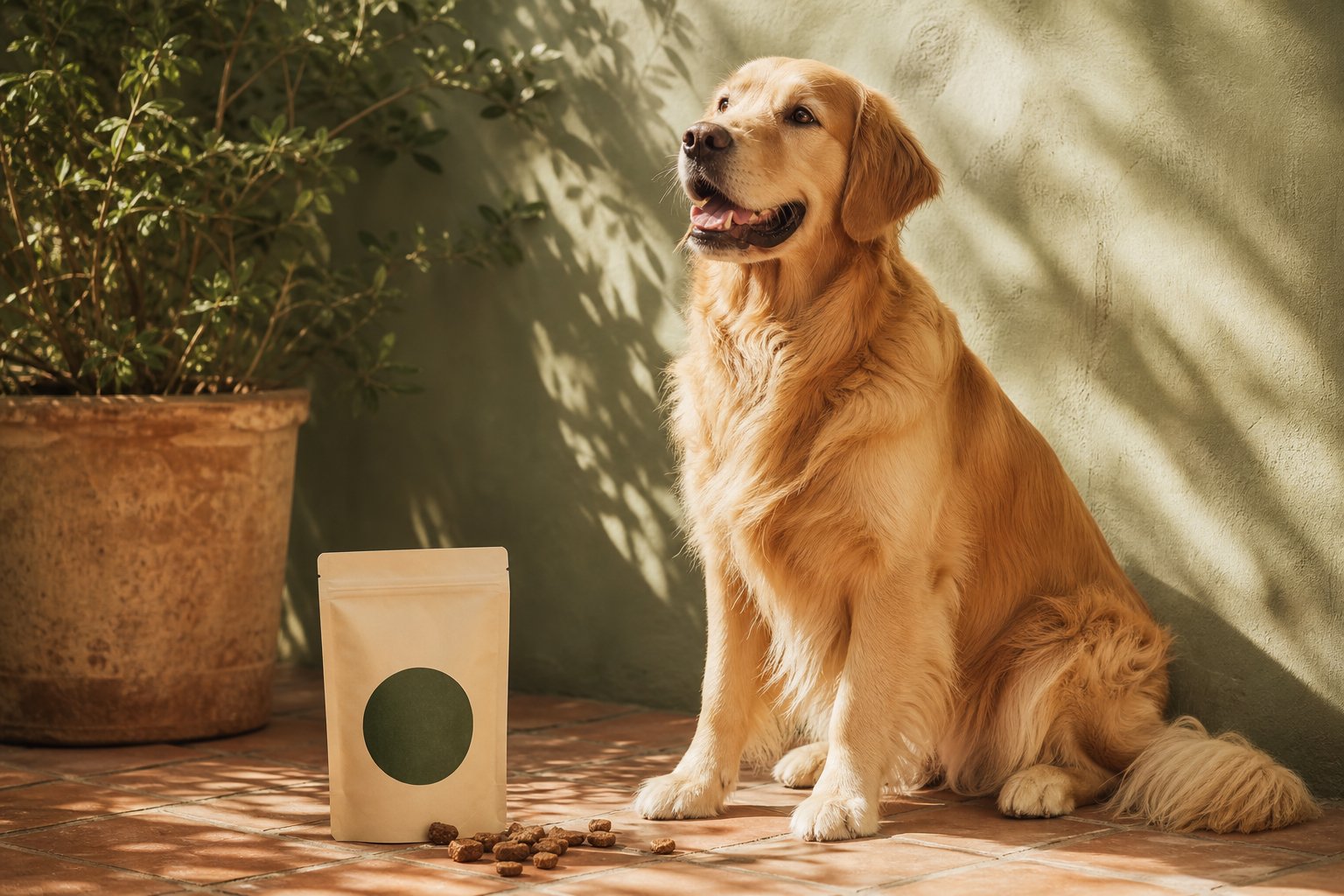 Happy golden retriever with natural treats on a sunlit patio